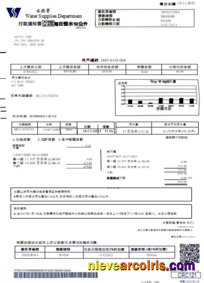 Water Supplies Department utility business bill